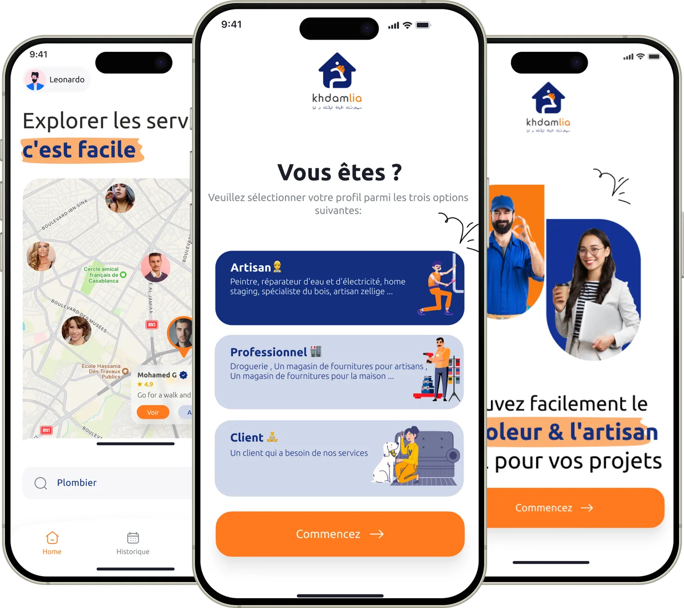Écrans de l’application Khdamlia : accueil, carte des services, choix du profil