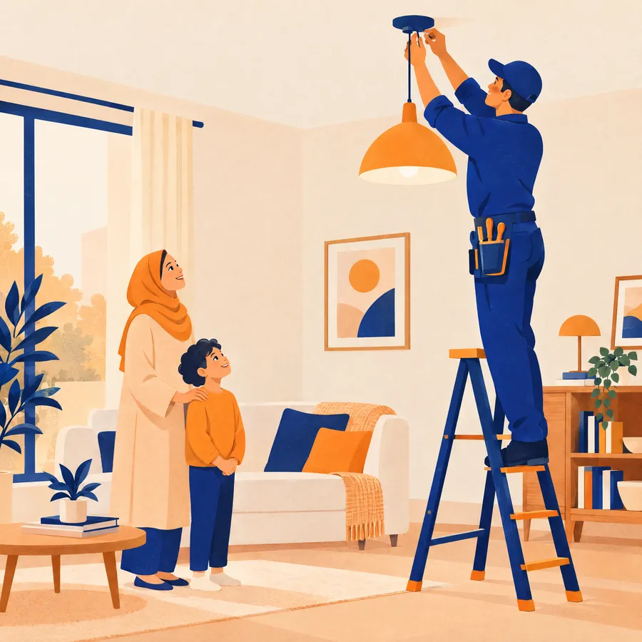Illustration : un électricien installe une suspension dans un salon familial