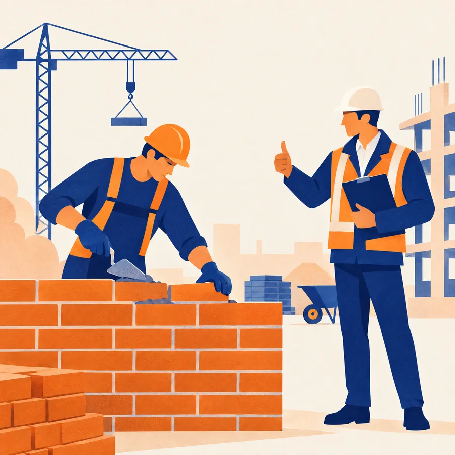 Illustration : un maçon monte un mur sous le regard d'un chef de chantier