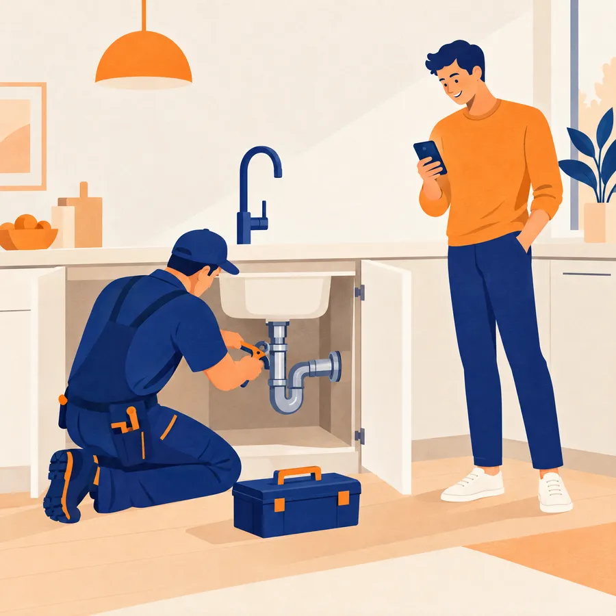 Illustration : un plombier répare une canalisation sous un évier