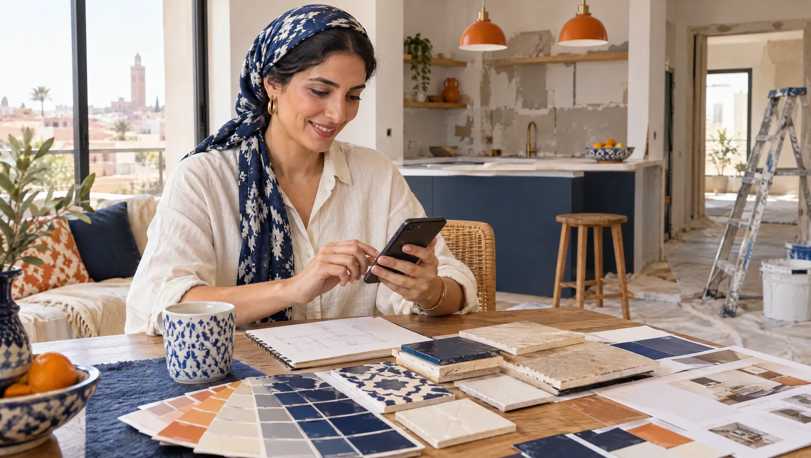 Une cliente décrit son projet de rénovation sur son téléphone
