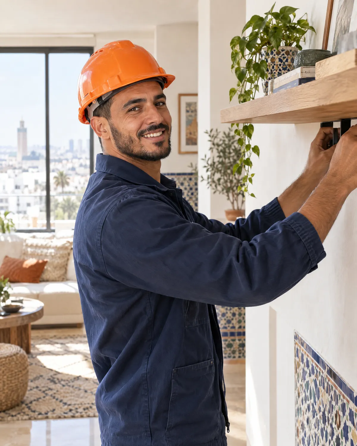Un artisan Khdamlia installe une étagère dans un appartement lumineux
